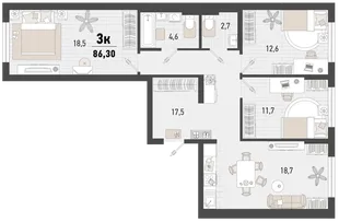 Планировка 3-комн. квартира, 86.3 м² ЖК «Барса»