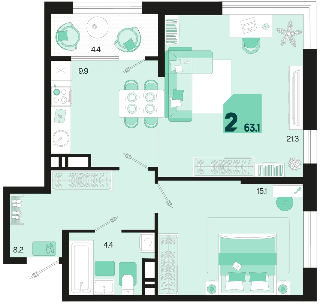Планировка 2-комн. квартира, 63.1 м² ЖК «Первое место»