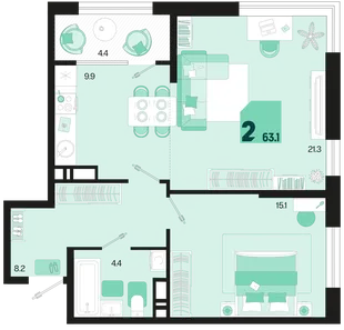 Планировка 2-комн. квартира, 63.1 м² ЖК «Первое место»
