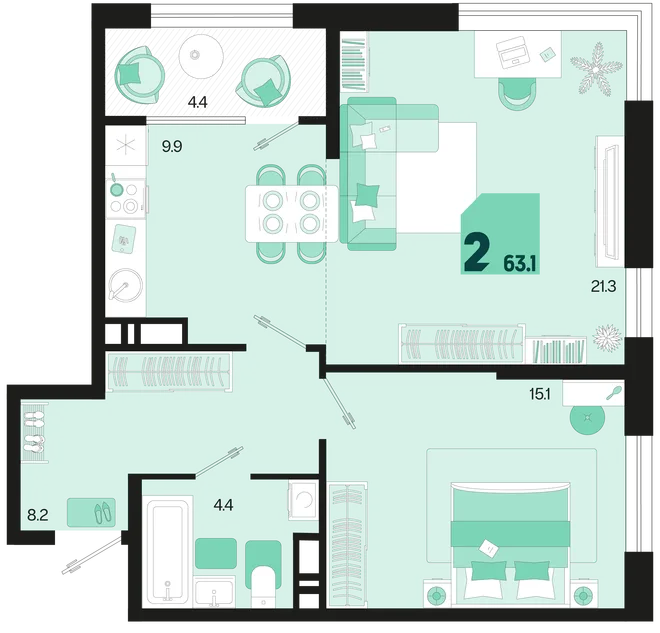 Планировка 2-комн. квартира, 63.1 м² ЖК «Первое место» Планировка 2-комн. квартира, 63.1 м² ЖК «Первое место»