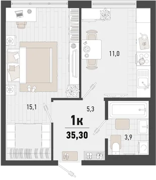 Планировка 1-комн. квартира, 35.3 м² ЖК «Барса»