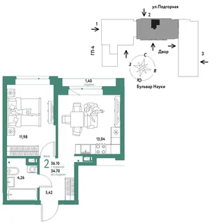 Планировка 2-комн. квартира, 36.1 м² ЖК «Авторский»