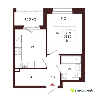 Планировка 1-комн. квартира, 33.5 м² ЖК «Лисино»