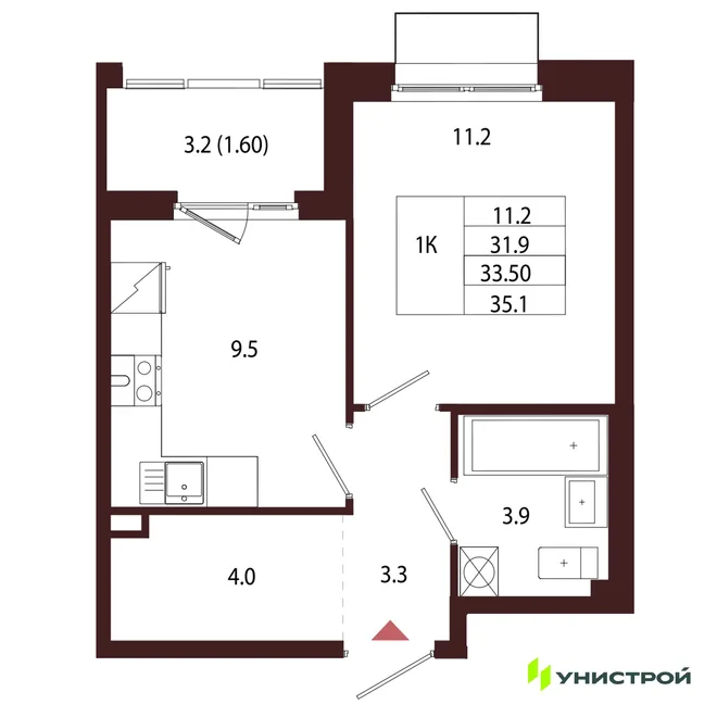 Планировка 1-комн. квартира, 33.5 м² ЖК «Лисино» Планировка 1-комн. квартира, 33.5 м² ЖК «Лисино»