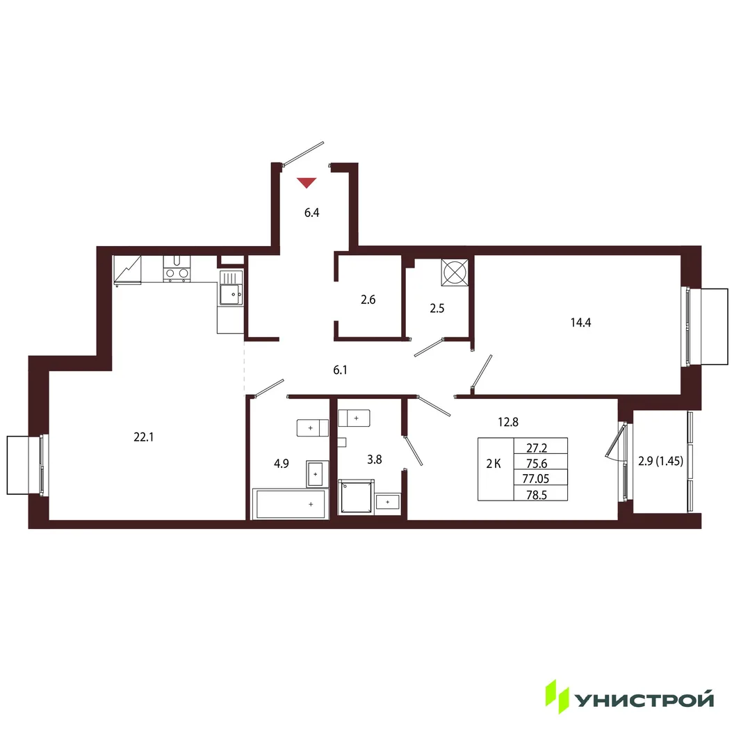 Планировка 2-комн. квартира, 77.05 м² ЖК «Лисино»