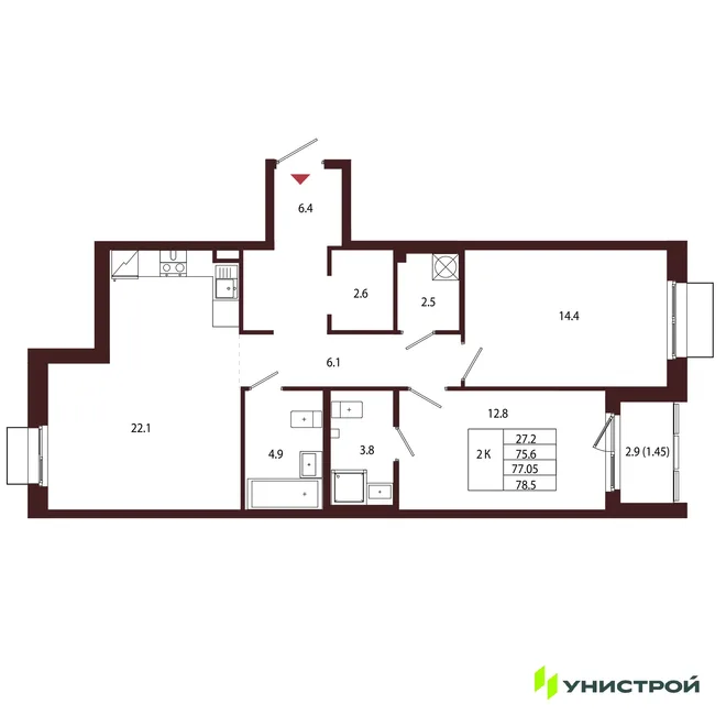 Планировка 2-комн. квартира, 77.05 м² ЖК «Лисино» Планировка 2-комн. квартира, 77.05 м² ЖК «Лисино»