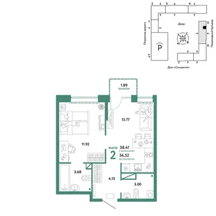 Планировка 2-комн. квартира, 38.41 м² ЖК «Юнион»