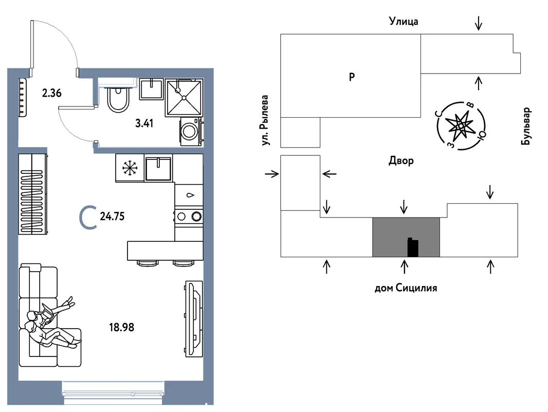 Планировка Студия, 24.75 м² ЖК «Остров-сад»