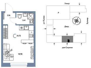 Планировка Студия, 24.75 м² ЖК «Остров-сад»