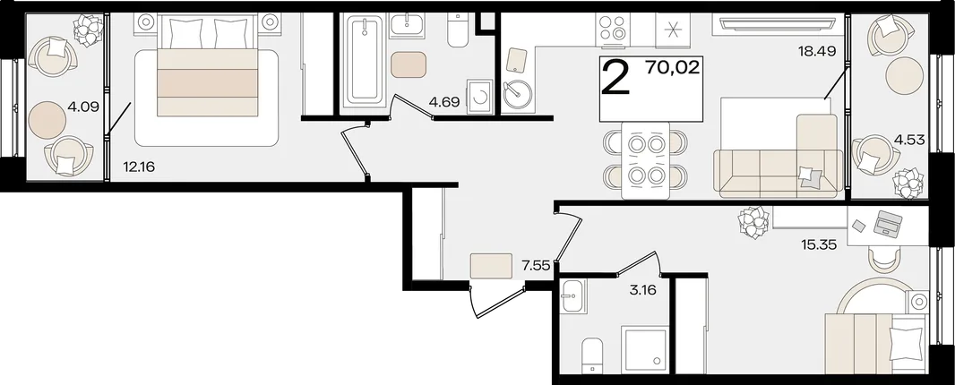 Планировка 2-комн. квартира, 69.53 м² ЖК «Патрики»