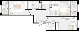 Планировка 2-комн. квартира, 69.53 м² ЖК «Патрики»