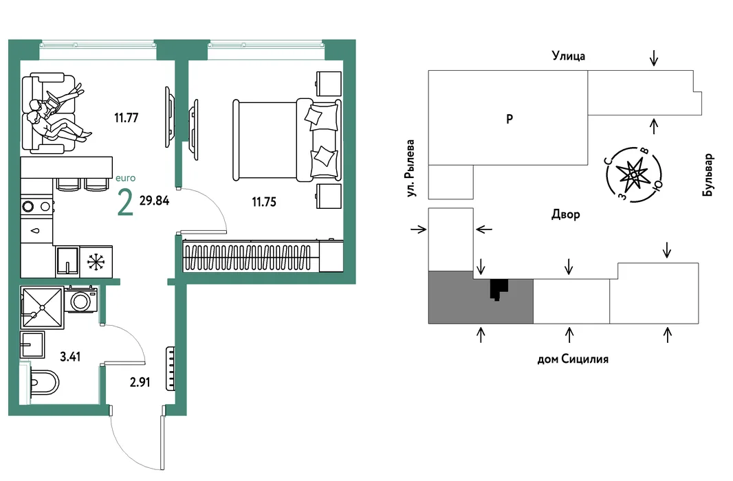 Планировка 2-комн. квартира, 29.84 м² ЖК «Остров-сад»