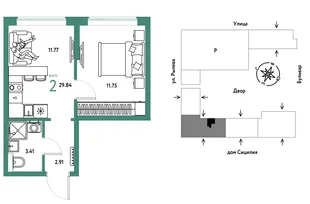 Планировка 2-комн. квартира, 29.84 м² ЖК «Остров-сад»