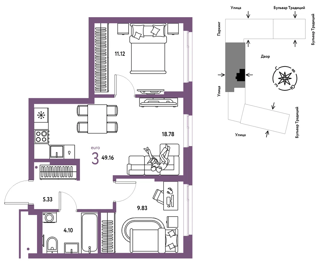 Планировка 3-комн. квартира, 49.16 м² ЖК «Микрорайон Домашний»