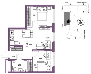 Планировка 3-комн. квартира, 49.16 м² ЖК «Микрорайон Домашний»