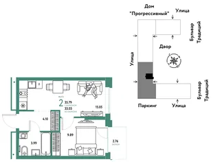 Планировка 2-комн. квартира, 35.79 м² ЖК «Микрорайон Домашний»