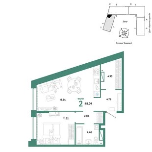Планировка 2-комн. квартира, 48.09 м² ЖК «Микрорайон Домашний»