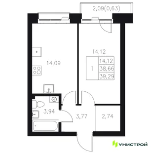Планировка 1-комн. квартира, 39.29 м² ЖК «Statum»