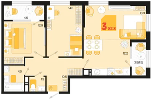 Планировка 3-комн. квартира, 82.8 м² ЖК «Первое место»