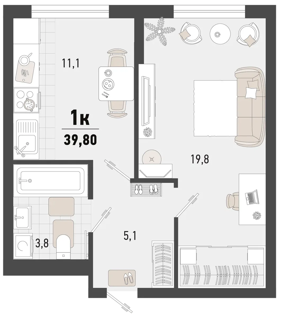 Планировка 1-комн. квартира, 39.8 м² ЖК «Барса»
