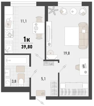 Планировка 1-комн. квартира, 39.8 м² ЖК «Барса»