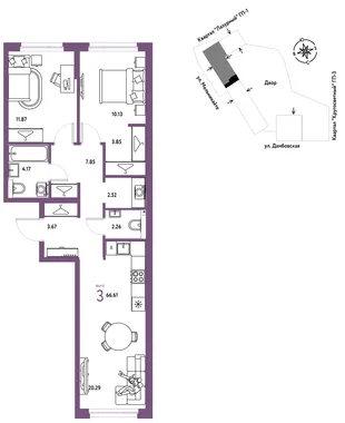 Планировка 3-комн. квартира, 66.61 м² ЖК «Страна Прибрежная»