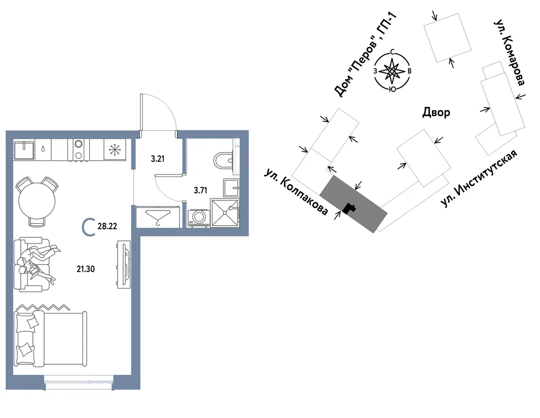 Планировка Студия, 28.22 м² ЖК «Страна.Парковая»