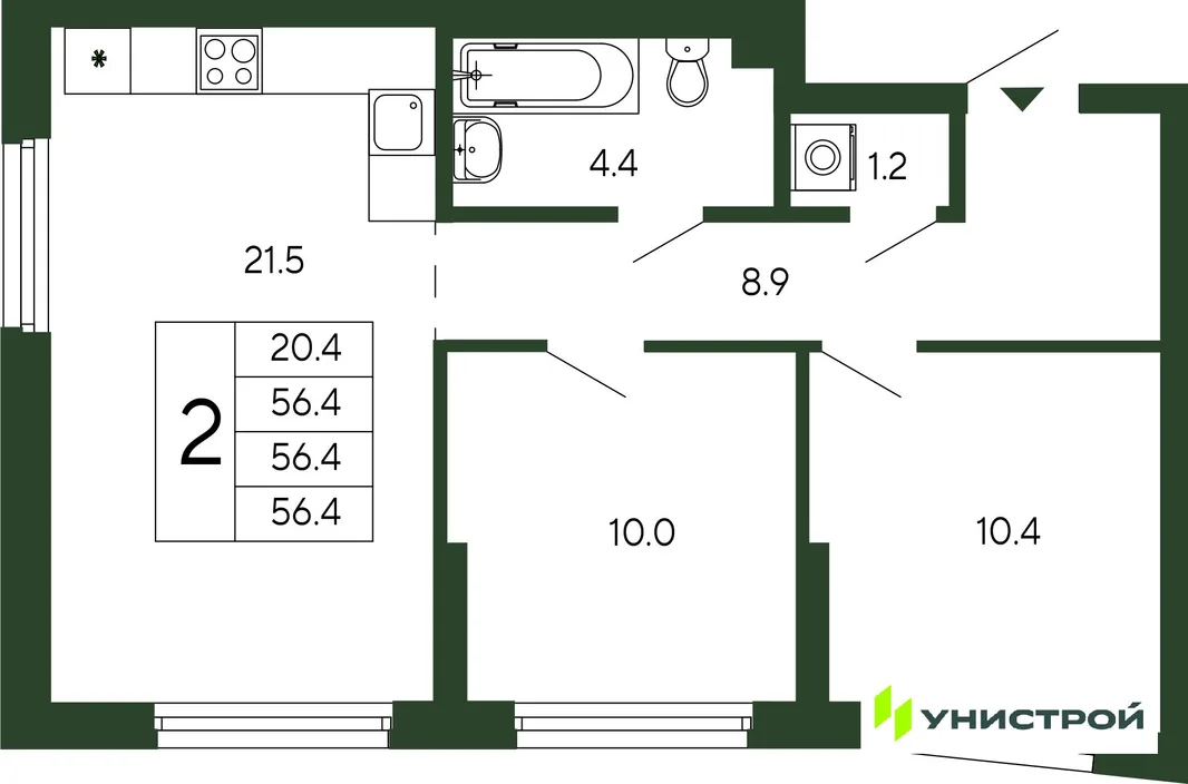 Планировка 2-комн. квартира, 56.4 м² ЖК «Парковый квартал 2.0»