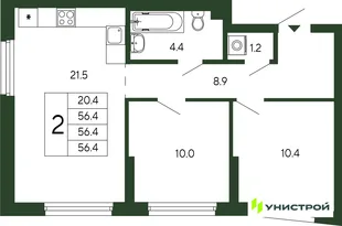 Планировка 2-комн. квартира, 56.4 м² ЖК «Парковый квартал 2.0»