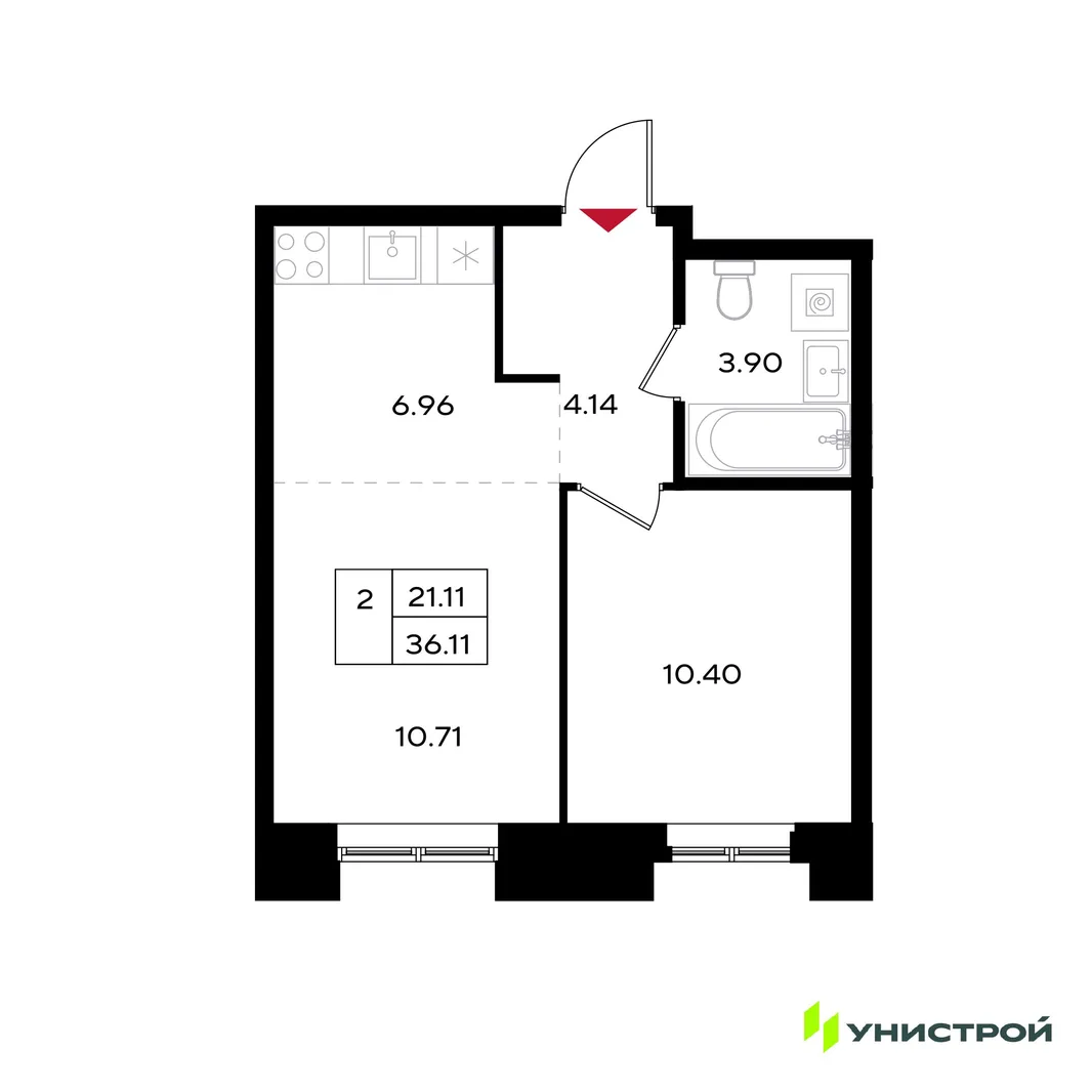 Планировка 2-комн. квартира, 36.11 м² ЖК «Уникум на Энгельса»