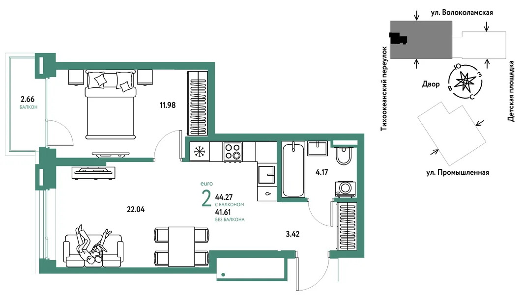 Планировка 2-комн. квартира, 44.27 м² ЖК «Страна Прибрежная»