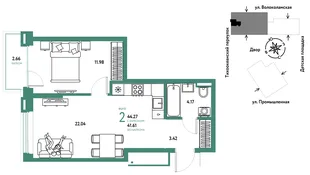 Планировка 2-комн. квартира, 44.27 м² ЖК «Страна Прибрежная»