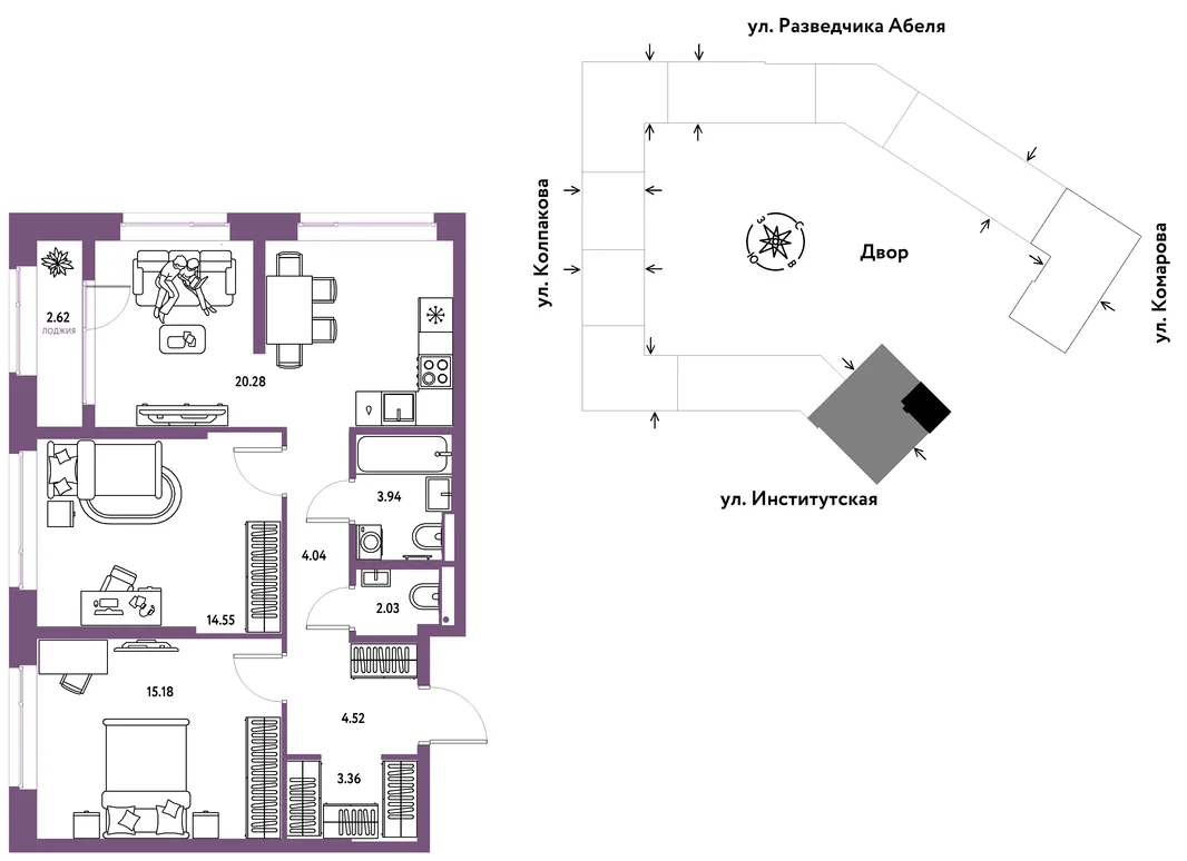 Планировка 3-комн. квартира, 70.52 м² ЖК «Страна.Парковая»