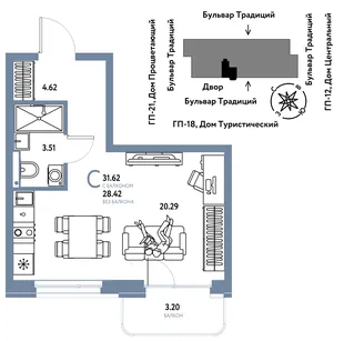 Планировка Студия, 31.62 м² ЖК «Микрорайон Домашний»