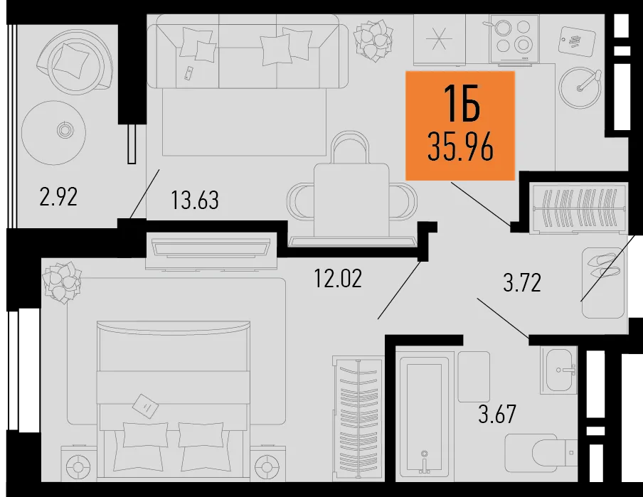 Планировка 1-комн. квартира, 35.96 м² ЖК «Столицыно»