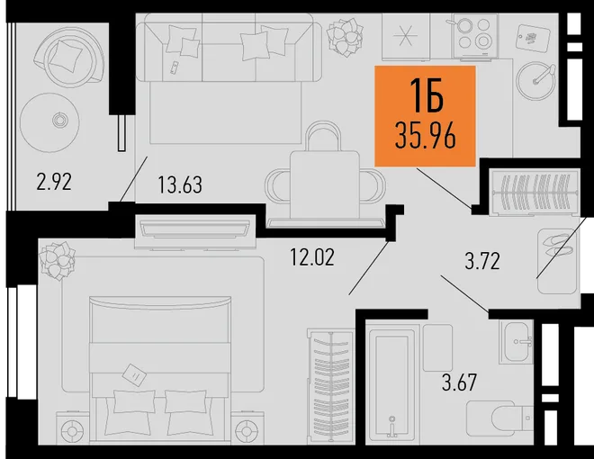 Планировка 1-комн. квартира, 35.96 м² ЖК «Столицыно» Планировка 1-комн. квартира, 35.96 м² ЖК «Столицыно»