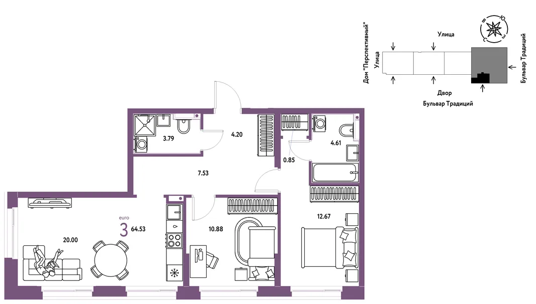 Планировка 3-комн. квартира, 64.64 м² ЖК «Микрорайон Домашний»