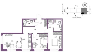Планировка 3-комн. квартира, 64.64 м² ЖК «Микрорайон Домашний»