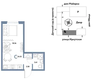 Планировка Студия, 24.55 м² ЖК «Остров-сад»