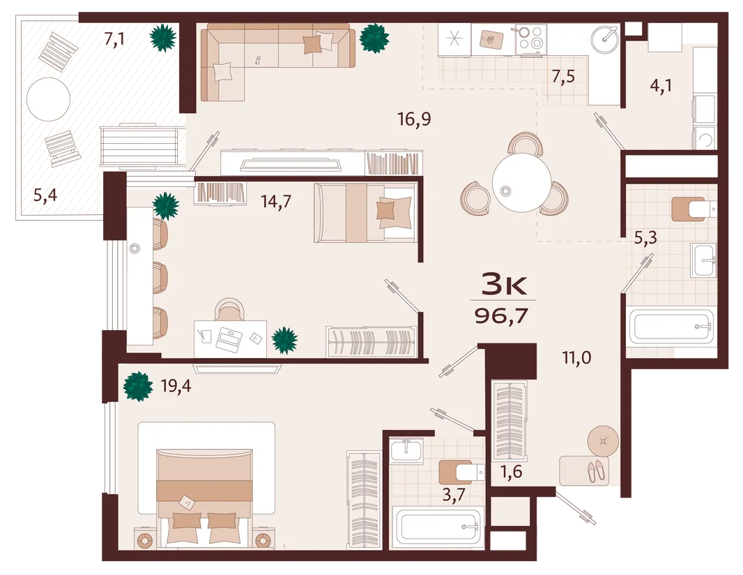 Планировка 3-комн. квартира, 96.7 м² ЖК «Роялта»