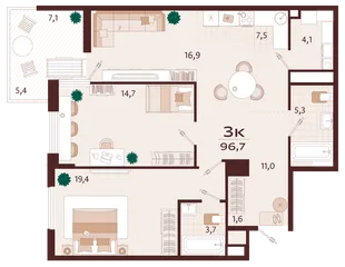 Планировка 3-комн. квартира, 96.7 м² ЖК «Роялта»