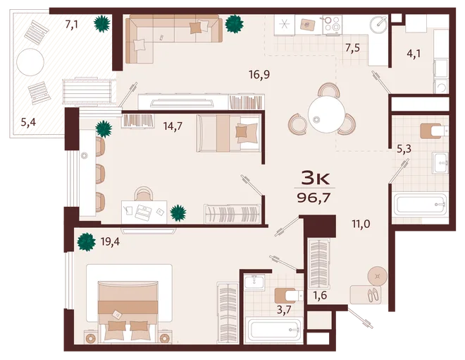 Планировка 3-комн. квартира, 96.7 м² ЖК «Роялта» Планировка 3-комн. квартира, 96.7 м² ЖК «Роялта»