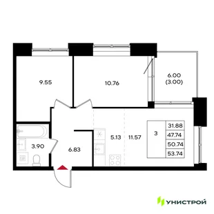 Планировка 3-комн. квартира, 50.74 м² ЖК «Уникум на Энгельса»