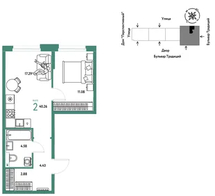 Планировка 2-комн. квартира, 40.26 м² ЖК «Микрорайон Домашний»