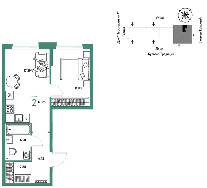 Планировка 2-комн. квартира, 40.26 м² ЖК «Микрорайон Домашний» Планировка 2-комн. квартира, 40.26 м² ЖК «Микрорайон Домашний»