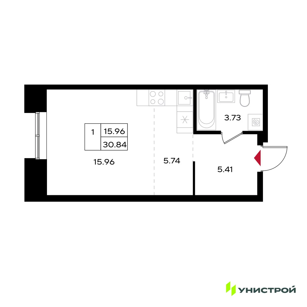Планировка 1-комн. квартира, 30.84 м² ЖК «Уникум на Энгельса»