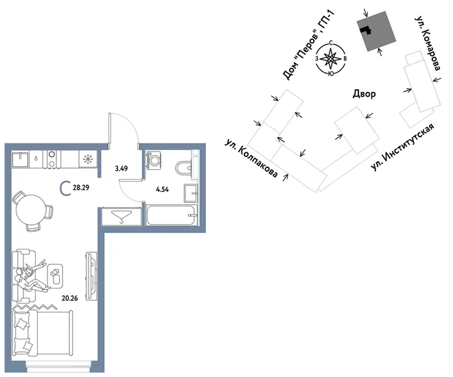 Планировка Студия, 28.29 м² ЖК «Страна.Парковая» Планировка Студия, 28.29 м² ЖК «Страна.Парковая»