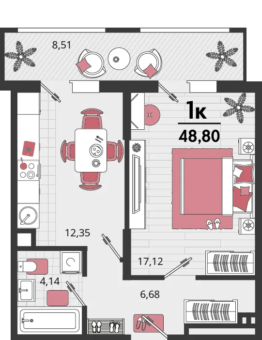 Планировка 1-комн. квартира, 48.8 м² ЖК «Родные просторы»
