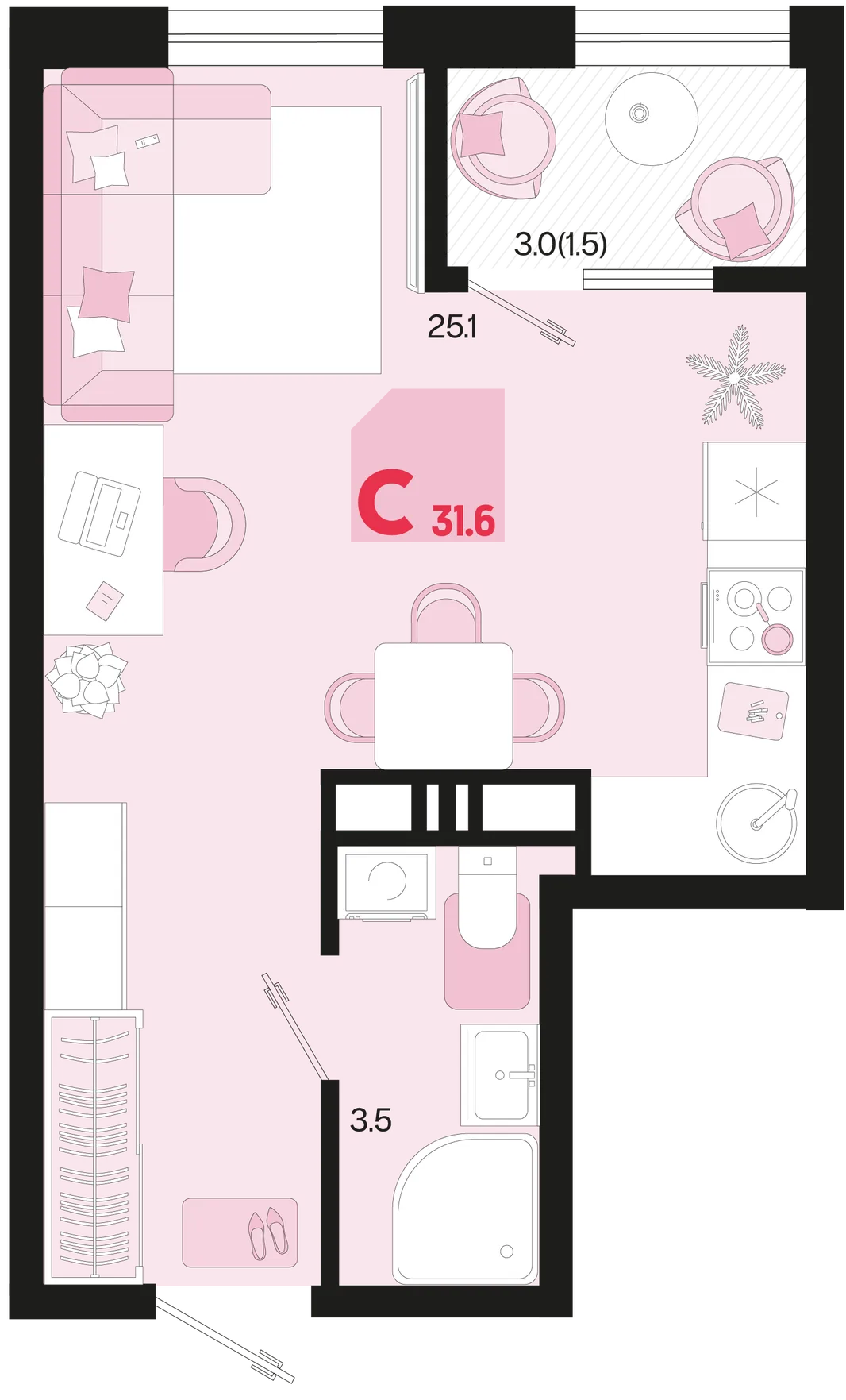 Планировка Студия, 31.6 м² ЖК «Первое место»