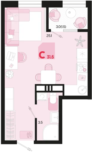 Планировка Студия, 31.6 м² ЖК «Первое место»